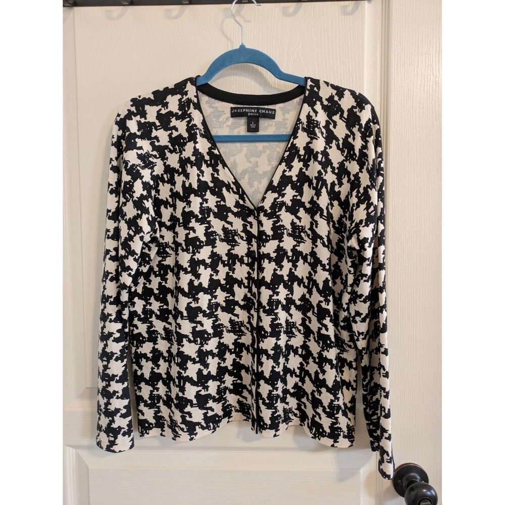 Josephine Chaus Women Cardigan Silk Blend Sweater V-Neck ButtonUp Black/Cream PL